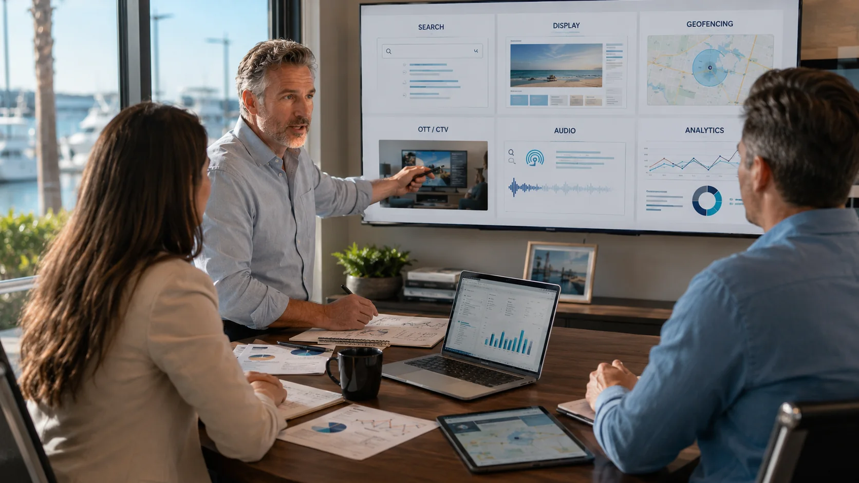 Media strategist reviewing cross-channel advertising with clients